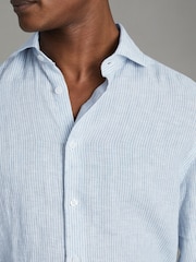 Reiss Soft Blue Fine Stripe Ruban Linen Button-Through Shirt - Image 4 of 6