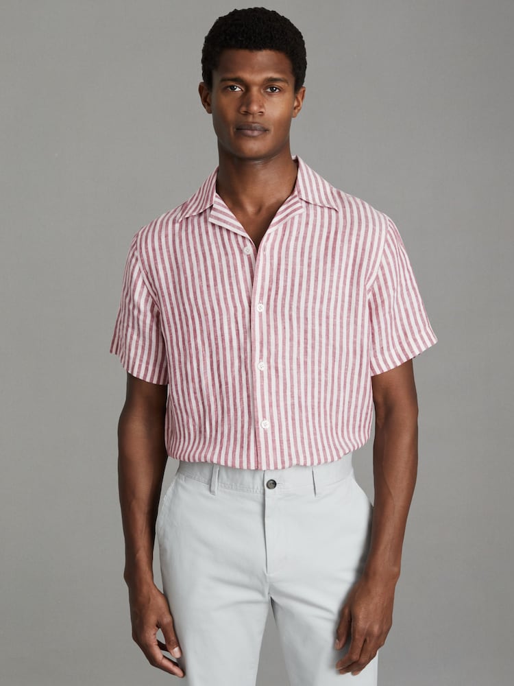 Reiss Pink Stripe Beldi Relaxed 100% Linen Cuban Collar Shirt - Image 1 of 7 Reiss Pink Stripe Beldi Relaxed 100% Linen Cuban Collar Shirt - Image 1 of 7