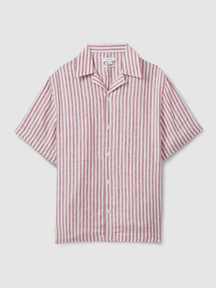 Reiss Pink Stripe Beldi Relaxed 100% Linen Cuban Collar Shirt - Image 2 of 7