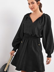 Black Tie Neck Satin Jacquard Mini Dress - Image 1 of 5