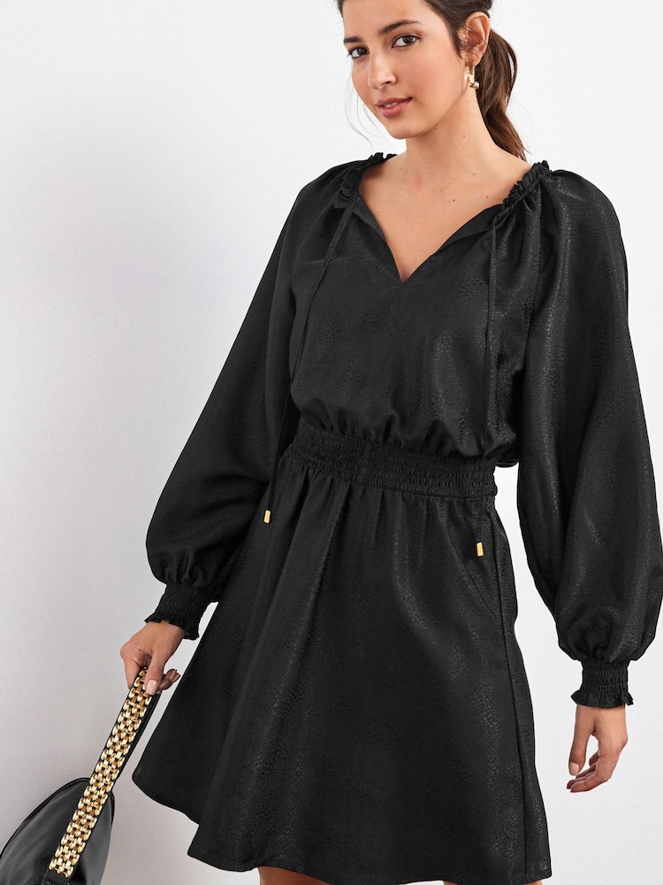Black Tie Neck Satin Jacquard Mini Dress - Image 1 of 5
