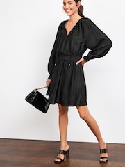 Black Tie Neck Satin Jacquard Mini Dress - Image 2 of 5