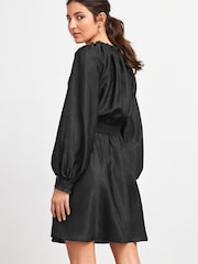 Black Tie Neck Satin Jacquard Mini Dress - Image 3 of 5