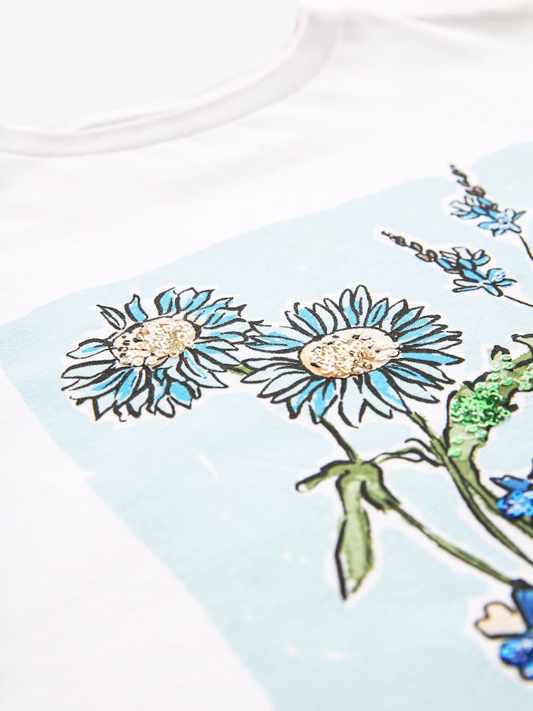 White/Blue Sequin Flowers T-Shirt (3-16yrs) - Image 6 of 6
