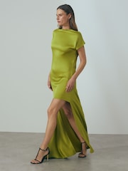 Reiss Green Eloise Italian Satin High-Low Mini Dress - Image 5 of 6