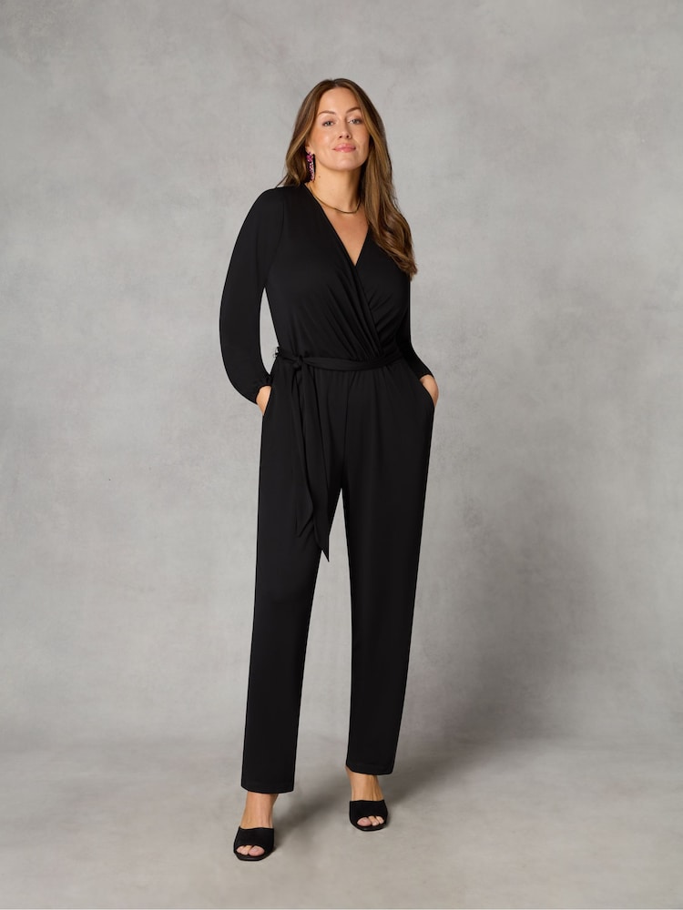 Live Unlimited Curve Petite Jersey Belted Black Jumpsuit - Image 1 of 4