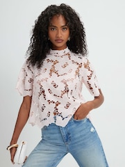River Island Pink Lace Short Sleeve Blouse - Image 1 of 4
