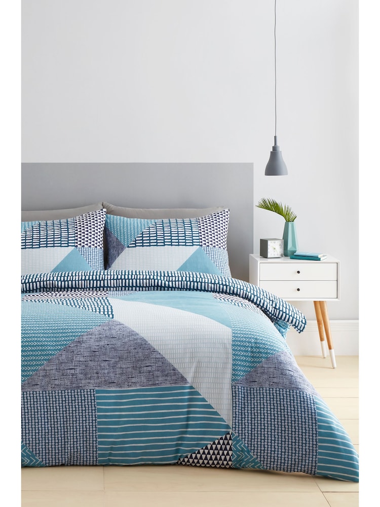 Catherine Lansfield Teal Blue Larsson Geo Duvet Cover and Pillowcase Set - Image 1 of 4