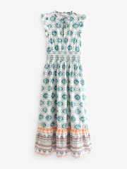 Weiß/Blau - Feminines Sommerkleid mit Rüschen und geraffter Taille - Bild 6 von 7