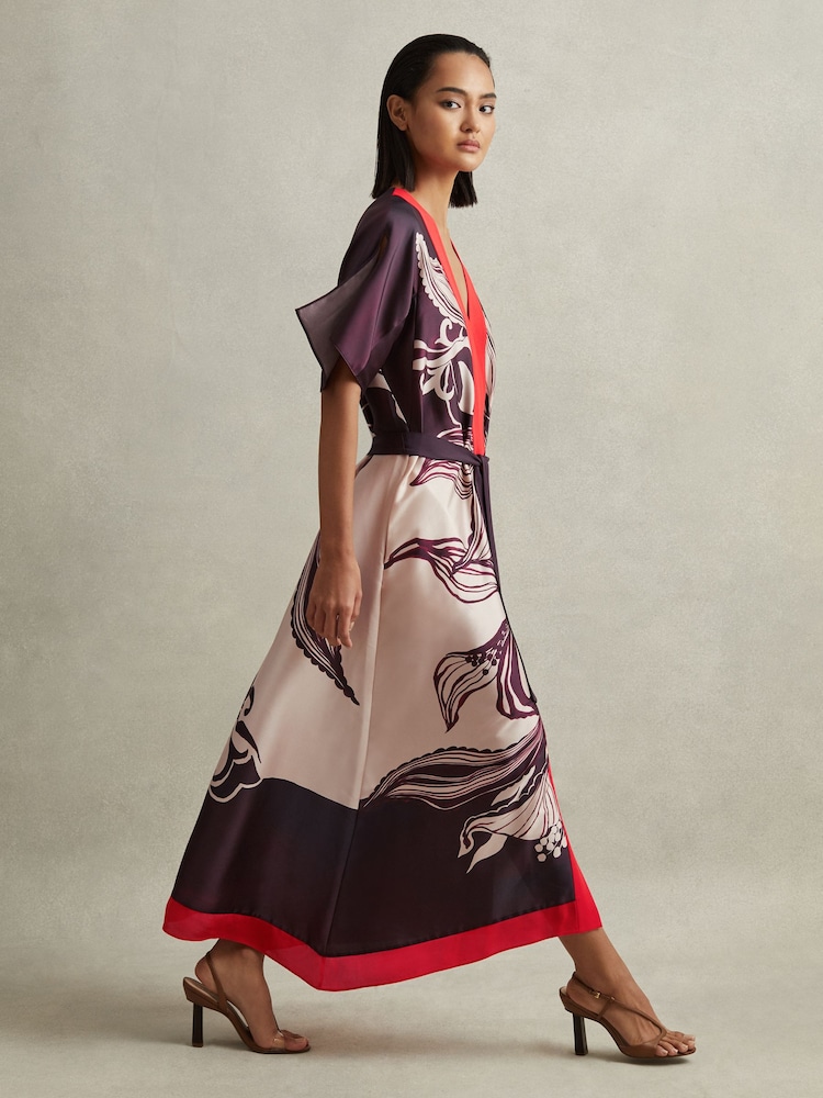 Reiss Ivory/Burgundy Hanna Petite Printed Front Split Midi Dress - Image 1 of 8
