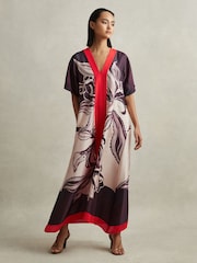 Reiss Ivory/Burgundy Hanna Petite Printed Front Split Midi Dress - Image 4 of 8