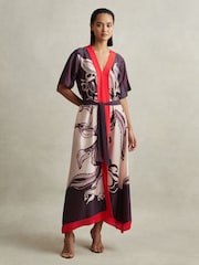 Reiss Ivory/Burgundy Hanna Petite Printed Front Split Midi Dress - Image 5 of 8