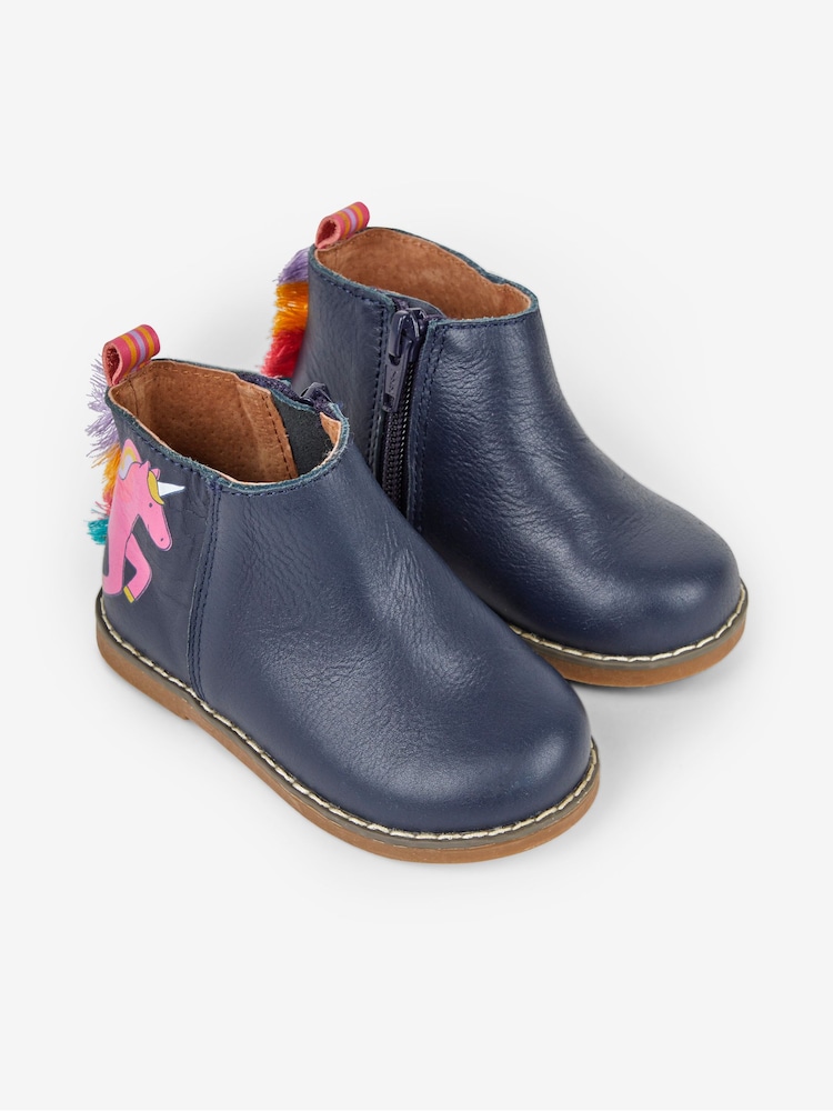 JoJo Maman Bébé Navy Girls' Leather Unicorn Chelsea Boots - Image 2 of 6