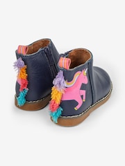 JoJo Maman Bébé Navy Girls' Leather Unicorn Chelsea Boots - Image 3 of 6