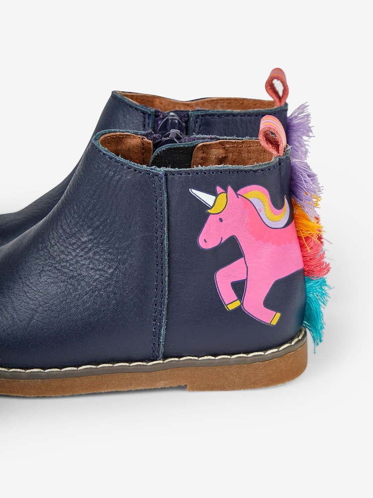 JoJo Maman Bébé Navy Girls' Leather Unicorn Chelsea Boots - Image 6 of 6