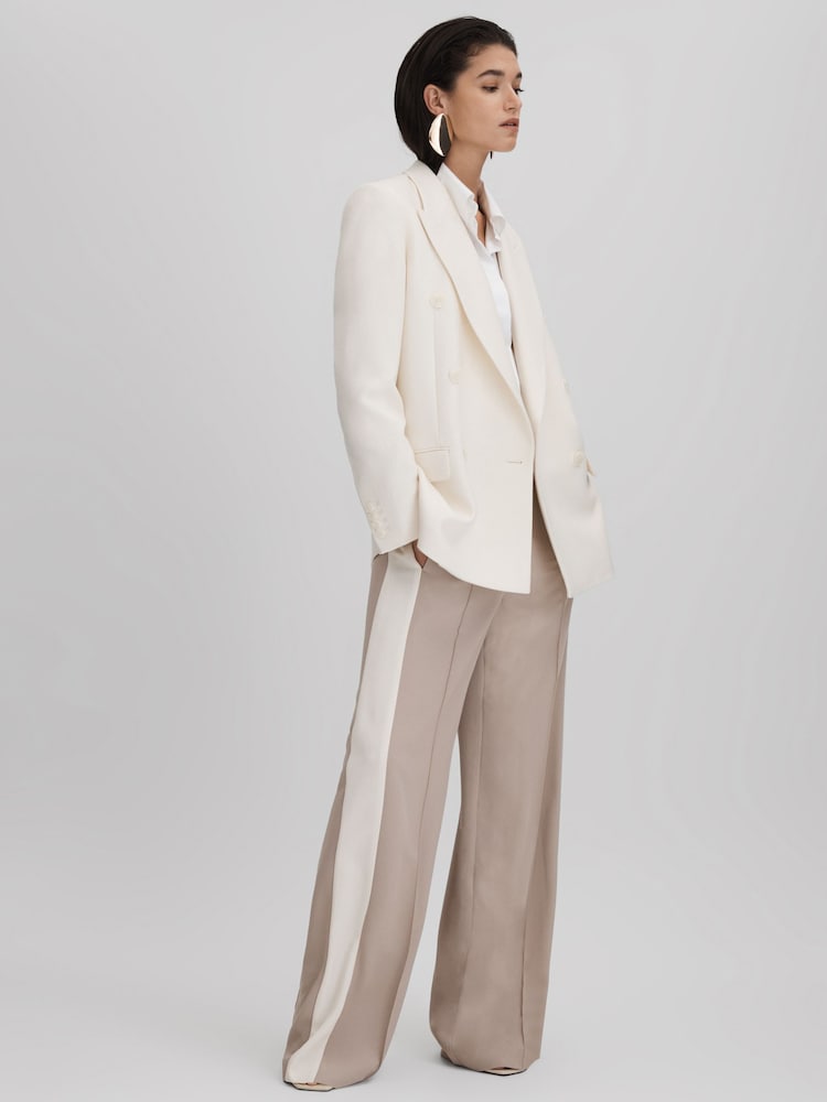 Reiss Natural May Wide Petite Wide Leg Contrast Stripe Drawstring Trousers - Image 1 of 7