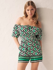Green Geometric Off Shoulder Playsuit - Image 1 of 5