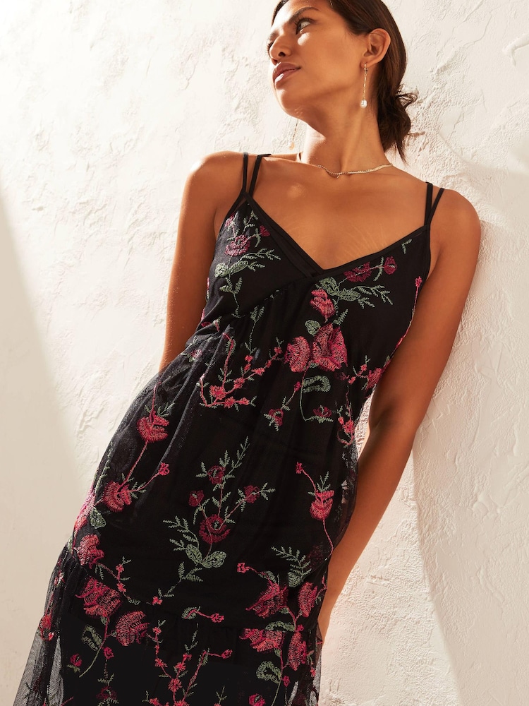 Black Floral Sheer Embroidered Maxi Dress - Image 3 of 6