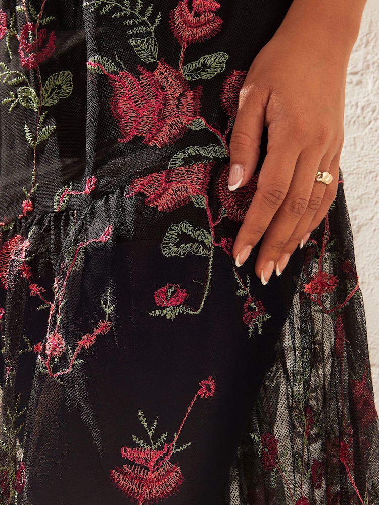Black Floral Sheer Embroidered Maxi Dress - Image 4 of 6
