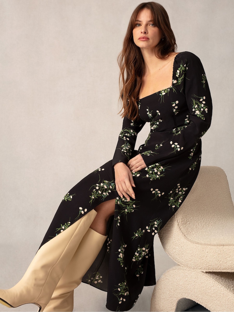 Ro&Zo Mini Rose Printed Square Neck Midi Dress - Image 1 of 8