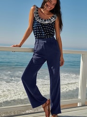 Navy Blue Linen Blend Wide Leg Trousers - Image 1 of 9