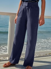 Navy Blue Linen Blend Wide Leg Trousers - Image 2 of 9