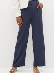 Navy Blue Linen Blend Wide Leg Trousers - Image 5 of 9