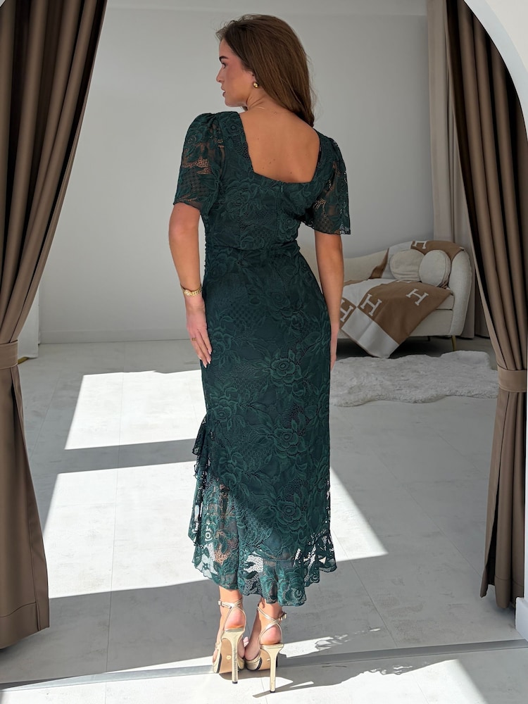 Girl In Mind Green Heidi Lace Ruched Midi Dress - Image 2 of 4 Girl In Mind Green Heidi Lace Ruched Midi Dress - Image 2 of 4
