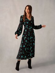 Ro&Zo Cluster Floral Button Front Midi Dress - Image 1 of 6