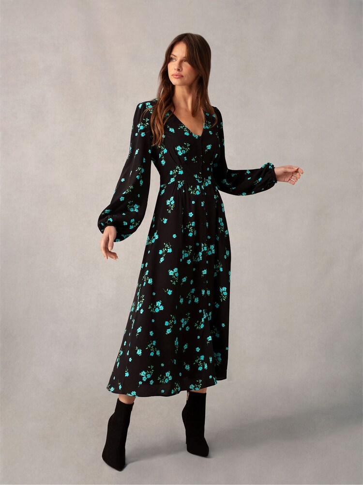 Ro&Zo Cluster Floral Button Front Midi Dress - Image 1 of 6