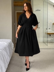 Girl In Mind Black Laura V-Neck Short Sleeve Flowy Midi Dress - Image 1 of 6