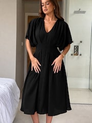 Girl In Mind Black Laura V-Neck Short Sleeve Flowy Midi Dress - Image 2 of 6