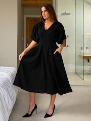 Girl In Mind Black Laura V-Neck Short Sleeve Flowy Midi Dress - Image 3 of 6