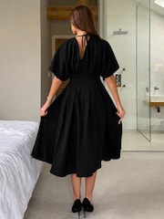 Girl In Mind Black Laura V-Neck Short Sleeve Flowy Midi Dress - Image 4 of 6