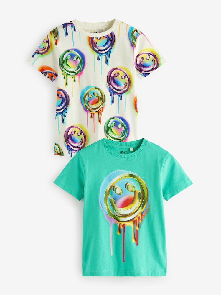 Green/White Drippy Smile Graphic Short Sleeve 100% Cotton T-Shirts 2 Pack (3-16yrs) - Image 1 of 5 Green/White Drippy Smile Graphic Short Sleeve 100% Cotton T-Shirts 2 Pack (3-16yrs) - Image 1 of 5