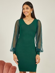 Yumi Green Knitted Body Con Dress With Chiffon Sleeve - Image 1 of 5