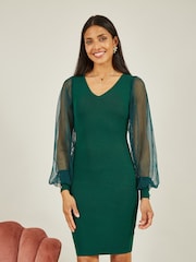 Yumi Green Knitted Body Con Dress With Chiffon Sleeve - Image 3 of 5
