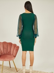 Yumi Green Knitted Body Con Dress With Chiffon Sleeve - Image 4 of 5