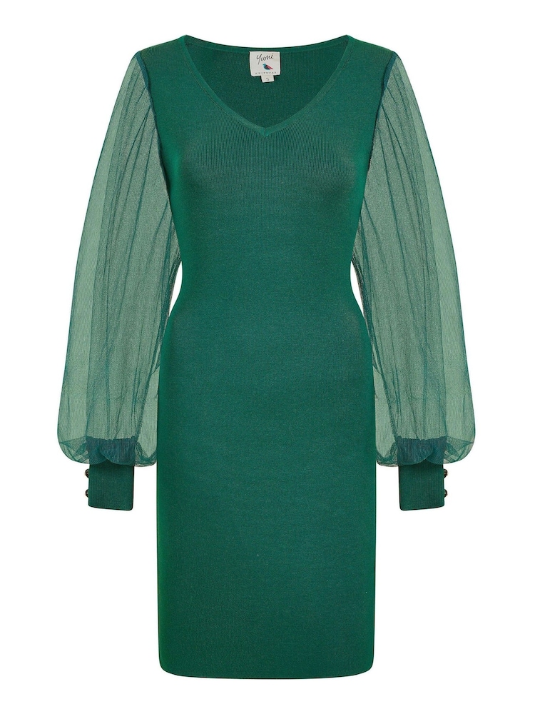 Yumi Green Knitted Body Con Dress With Chiffon Sleeve - Image 5 of 5