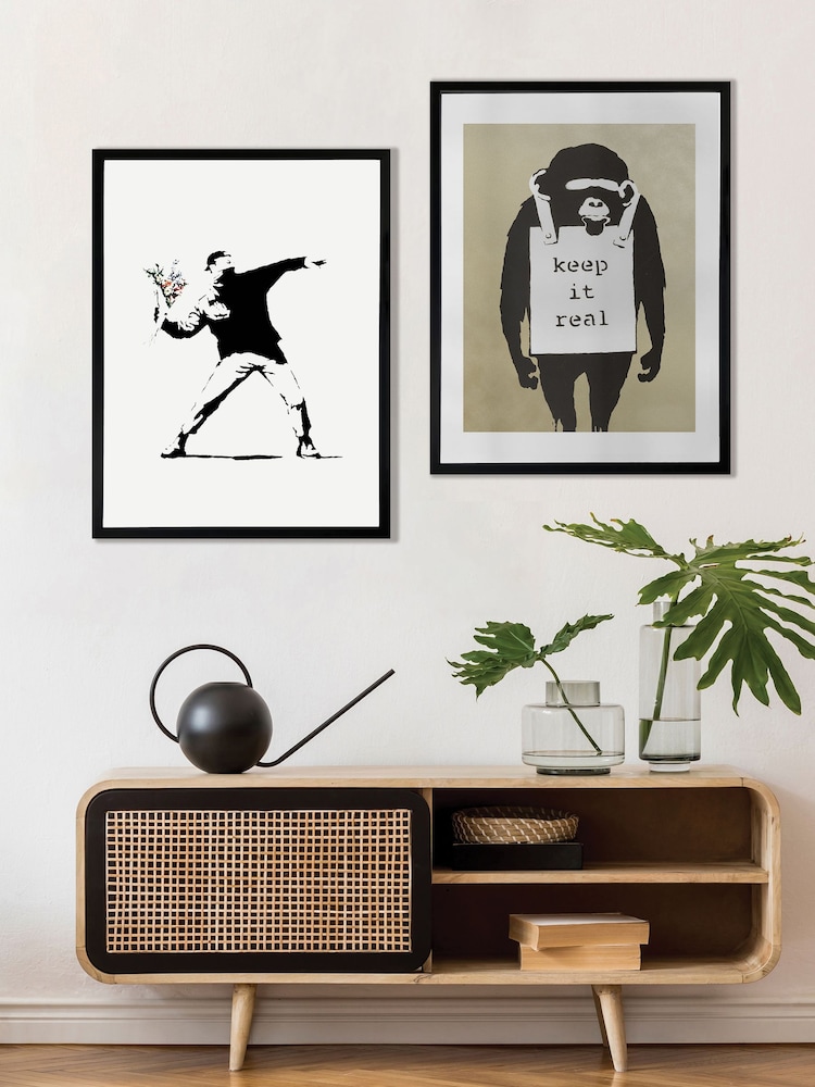 Brookpace Lascelles Black Banksy Flower Thrower Graffiti Wall Art - Image 1 of 2