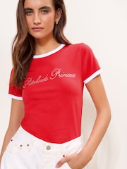Lipsy Red 'Pitchside Princess' Diamante Embellished Printed Footballl Baby T-Shirt - Image 1 of 5