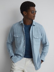 Reiss Soft Blue Melange Chaser Button-Through Twin Pocket Overshirt - Image 1 of 4