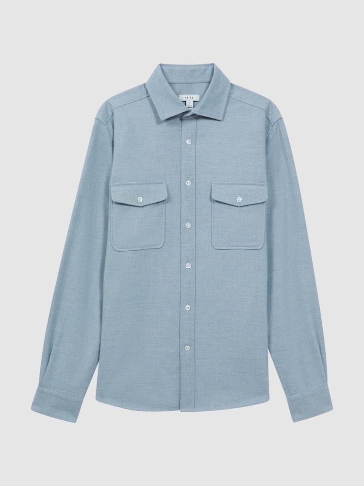 Reiss Soft Blue Melange Chaser Button-Through Twin Pocket Overshirt - Image 2 of 4