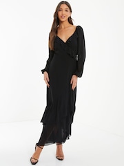 Quiz Black Midaxi Chiffon Dress With Frill Detail And Balloon Sleeve - Image 1 of 4