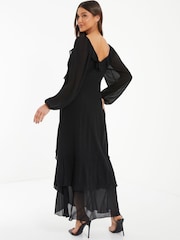 Quiz Black Midaxi Chiffon Dress With Frill Detail And Balloon Sleeve - Image 2 of 4