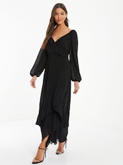 Quiz Black Midaxi Chiffon Dress With Frill Detail And Balloon Sleeve - Image 3 of 4