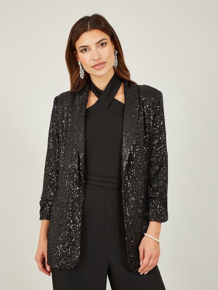 Yumi Black Sequin Blazer With Pockets - Image 1 of 5 Yumi Black Sequin Blazer With Pockets - Image 1 of 5