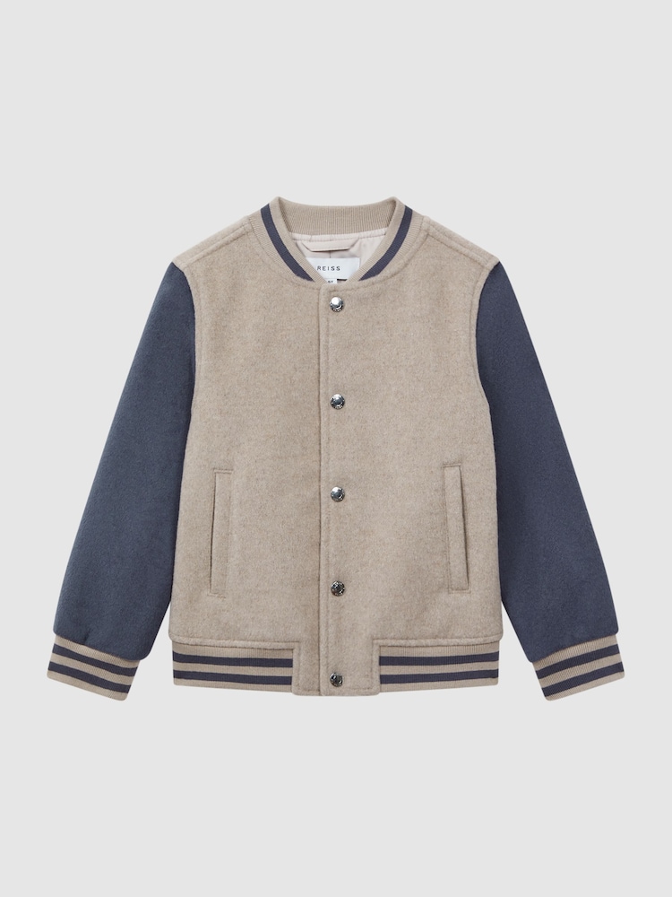 Reiss Stone/Airforce Blue Kansas 9-14 yrs Wool Blend Varsity Bomber Jacket - Image 2 of 7 Reiss Stone/Airforce Blue Kansas 9-14 yrs Wool Blend Varsity Bomber Jacket - Image 2 of 7