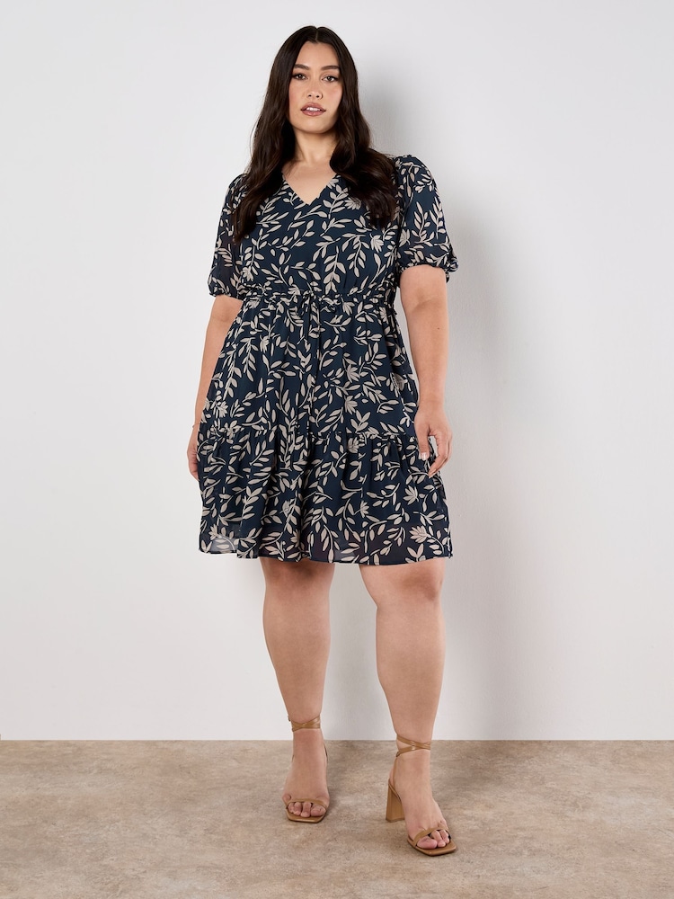 Apricot Navy Blue & Cream Mono Leaf Tie Thru Puff Sleeve Dress - Image 2 of 4