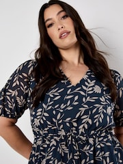 Apricot Navy Blue & Cream Mono Leaf Tie Thru Puff Sleeve Dress - Image 3 of 4